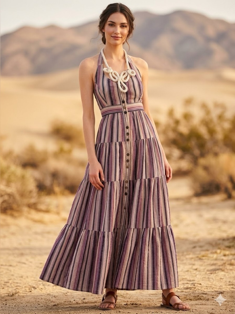 Anthropologie Maeve Striped Halter Tiered Cottagecore Button Front Maxi Dress 2